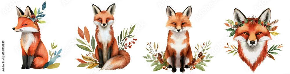 Obraz premium Whimsical foxes with woodland decor in vibrant colors and floral accents, isolated on transparent background.