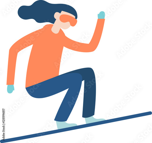 Snowboarder crouching low on a snowboard, dressed in an orange sweater and blue pants, gliding down a snowy slope with gloves and goggles, embracing the thrill of winter sports