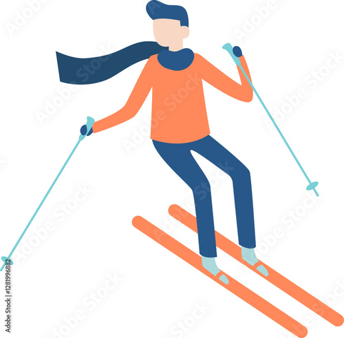 Young man skiing downhill, wearing an orange sweater, blue pants and scarf, holding ski poles, enjoying winter sports and outdoor activities