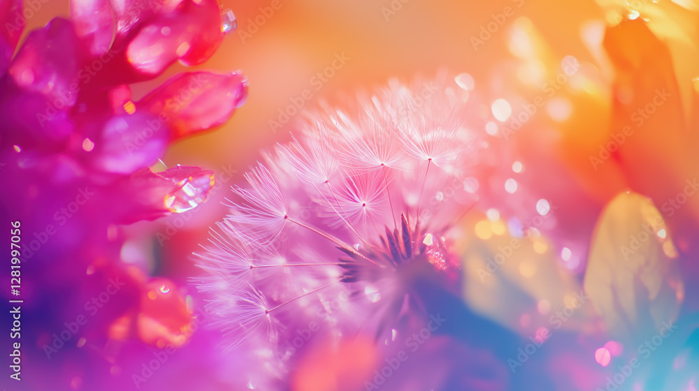 Glowing Dandelion Petals Sparkling Under Sunlight with Vibrant Blossoms in a Dreamy Soft-Focus Springtime Landscape Glowing Dandelion Petals Sparkling Under Sunlight with Vibrant Blossoms in a Dreamy Soft-Focus Springtime Landscape