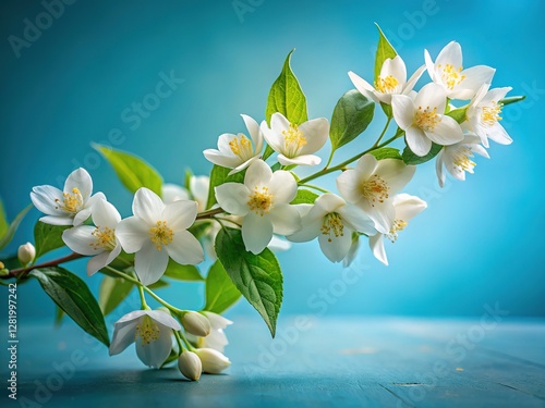 Jasmine blooms, a delicate third, on a striking blue backdrop.
