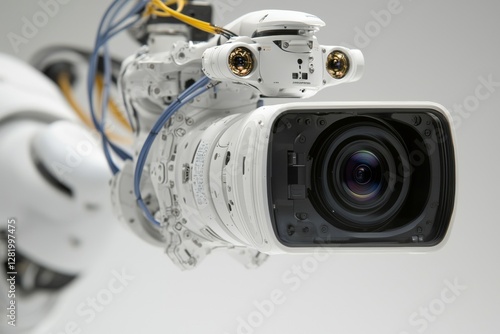 The robot employs machine vision, staring at the viewer while utilizing its manipulator arm, which is equipped with a camera to observe and control objects