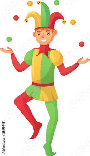 Cheerful jester juggling colorful balls, wearing a traditional costume with a hat and bells, smiling and entertaining audience with his performance