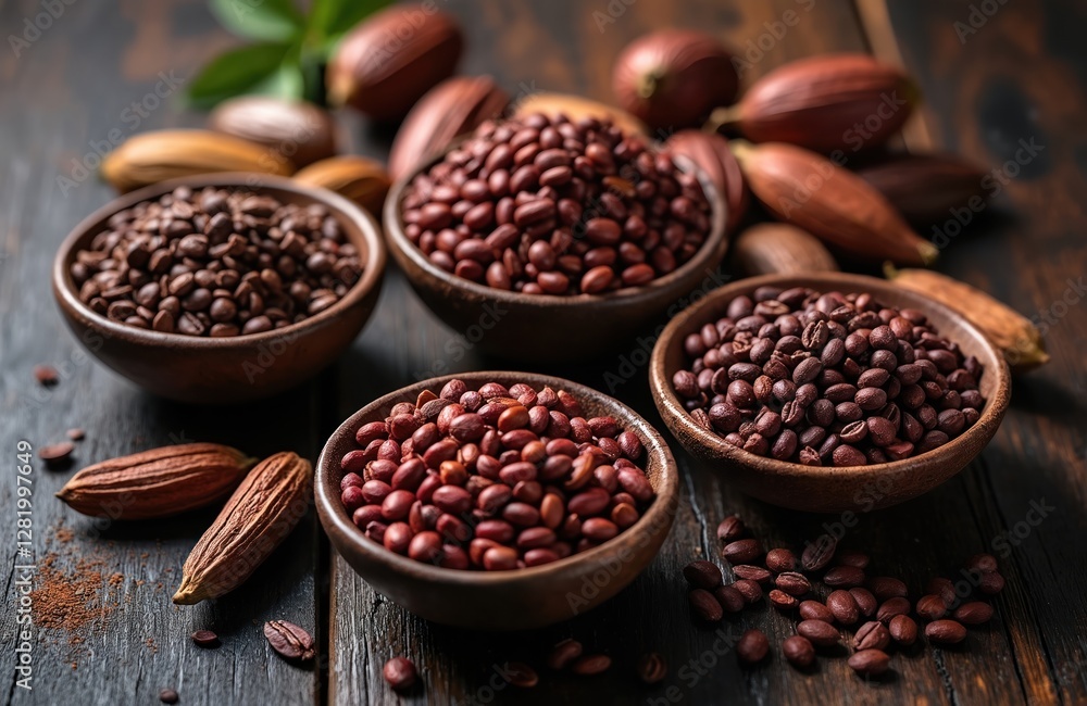 Various colorful cocoa beans in wooden bowls, pods on dark table. Healthy vegan superfood concept. Raw organic antioxidant rich ingredients for dark chocolate production and fair trade business. Various colorful cocoa beans in wooden bowls, pods on dark table. Healthy vegan superfood concept. Raw organic antioxidant rich ingredients for dark chocolate production and fair trade business.
