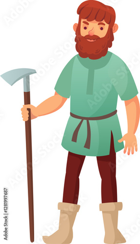 Cartoon illustration of a medieval farmer holding a pickaxe representing work in the middle ages, agriculture, and traditional farming methods