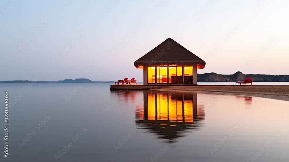 Glowing minimalist overwater bungalow reflecting on tranquil sea beneath starry night sky, radiating peaceful tropical resort ambiance Glowing minimalist overwater bungalow reflecting on tranquil sea beneath starry night sky, radiating peaceful tropical resort ambiance
