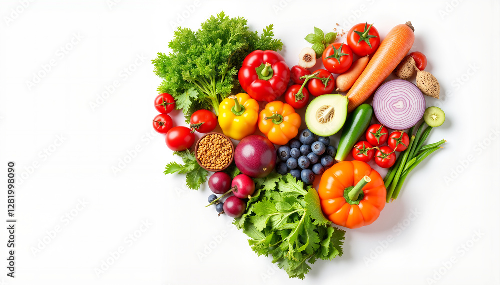 Fresh organic fruits and vegetables arranged in heart shape, nutrition symbolism Fresh organic fruits and vegetables arranged in heart shape, nutrition symbolism