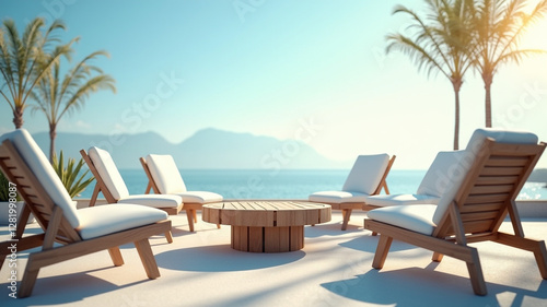 Deck chairs arranged around a circular table under a clear sky