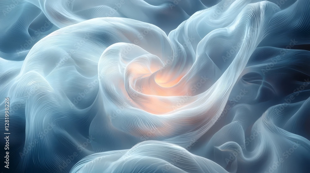 Fototapeta premium Ethereal blue and white smoke swirling gracefully, illuminated by a soft glow, creating a serene and mystical atmosphere perfect for wellness and relaxation themes.