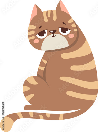 Adorable cartoon tabby cat with brown and beige stripes sitting with its tail extended, conveying a sense of boredom or melancholy with its droopy eyes and slightly downturned mouth
