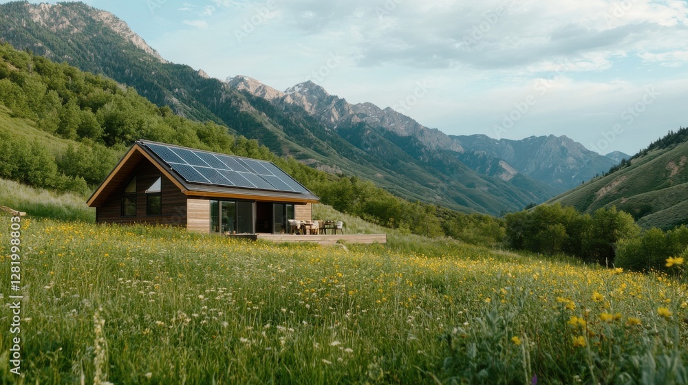 Fototapeta premium sustainable mountain cabin, a green mountain cabin powered by solar energy, with a compact panel array integrated discreetly into the rustic design