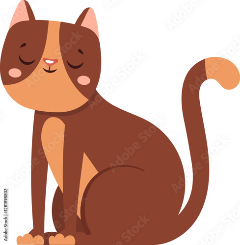 Adorable brown cat sitting peacefully with closed eyes, gently raising its tail, embodying a heartwarming and tranquil atmosphere, radiating comfort and warmth