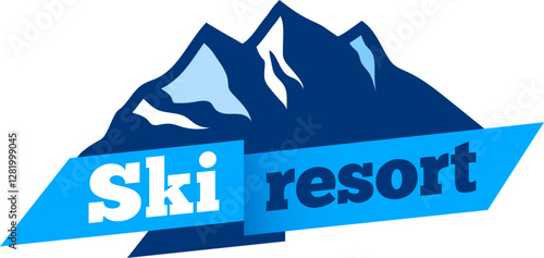 Stylized snowy mountain peaks logo representing a ski resort with a light blue ribbon and dark blue text, ideal for winter sports and tourism businesses