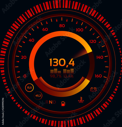 Futuristic circular speedometer with red and orange light effects showing speed, battery, fuel and temperature levels, with a dark background and red and black striped border