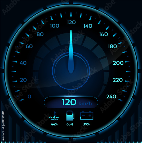 Futuristic glowing blue speedometer displaying 120 kilometers per hour, featuring coolant, fuel, and battery indicators, set against a dark background for a striking visual effect