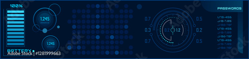 Futuristic head up display - HUD - interface with glowing blue graphics indicating battery level, statistics, and passwords, suggesting advanced technology and data monitoring
