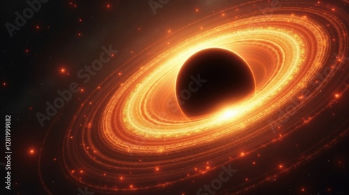 A supermassive black hole at the center of a dying galaxy, consuming light itself, glowing accretion disks spiraling in golden and crimson hues, time warping around it.