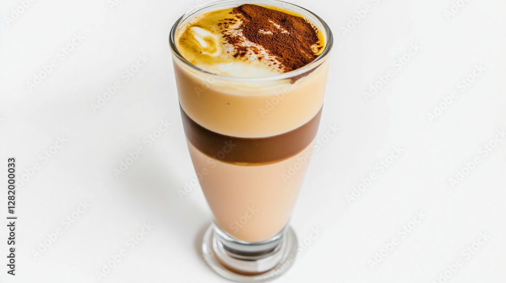 Creamy coffee drink with milk foam and espresso layers, topped with cocoa powder, served in a tall glass on a white background Creamy coffee drink with milk foam and espresso layers, topped with cocoa powder, served in a tall glass on a white background