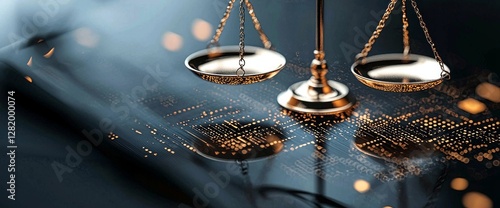 The concept of digital law is represented by law scales at a data center in an abstract banner