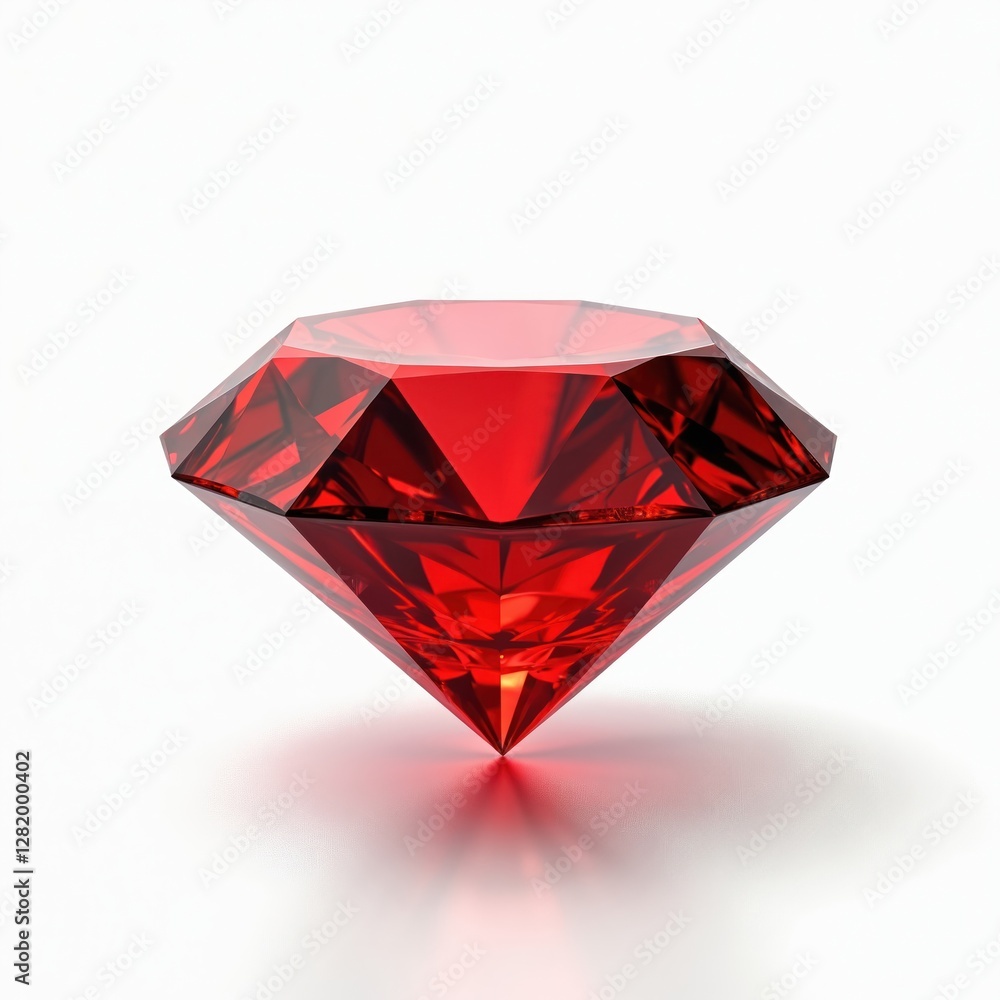 Close-up of red ruby diamond on white background. Artificial dazzling gemstone with great precious value. Brightly illuminated crystal with luxury charm isolated, transparent. Elegant rich decoration Close-up of red ruby diamond on white background. Artificial dazzling gemstone with great precious value. Brightly illuminated crystal with luxury charm isolated, transparent. Elegant rich decoration