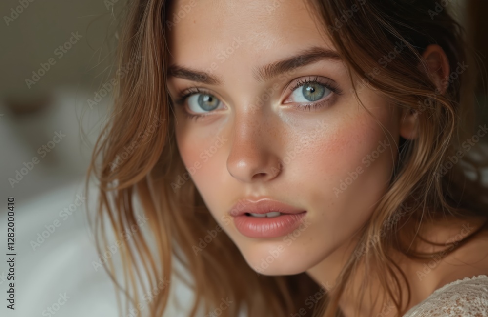 Close-up portrait of young blond woman with blue eyes. Clean, fresh look, fair skin. Beautiful caucasian girl advertises cosmetics, skincare products, facial care, visage, make-up in beauty studio. Close-up portrait of young blond woman with blue eyes. Clean, fresh look, fair skin. Beautiful caucasian girl advertises cosmetics, skincare products, facial care, visage, make-up in beauty studio.
