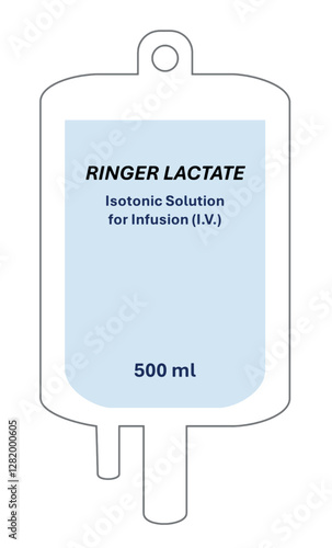 Intravenous (I.V.) bag of Ringer's lactate isolated. 500 ml intravenous solution for isotonic infusion. Ringer's lactate is a fluid for aggressive fluid replacement, sepsis and acute pancreatitis.