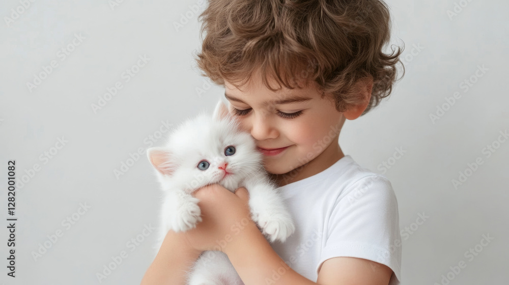 Young boy lovingly holds a small white kitten, gazing into its eyes with affection, set against a plain gray background Young boy lovingly holds a small white kitten, gazing into its eyes with affection, set against a plain gray background