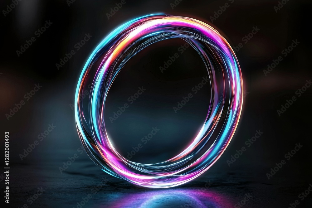A dark blue background serves as the canvas for abstract digital neon waves that form a circular pattern, embodying the concept of tech elegance in a 3D rendering A dark blue background serves as the canvas for abstract digital neon waves that form a circular pattern, embodying the concept of tech elegance in a 3D rendering
