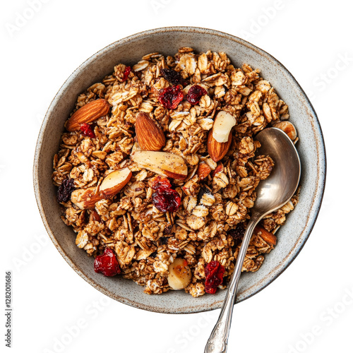 Delicious honey sweetened granola bowl with nuts and fruits on a light background ready for a healthy breakfast, Honeysweetened granola in a bowl on a transparent background photo