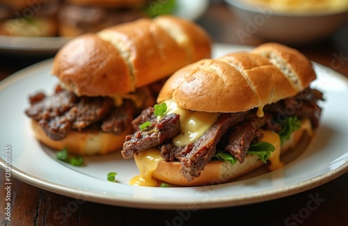 Wallpaper Mural Two Philadelphia cheesesteaks served on plate. Juicy grilled beef with melted cheese. Delicious hearty sandwiches. Classic American fast food meal for lunch dinner. Generative AI image appetizing Torontodigital.ca