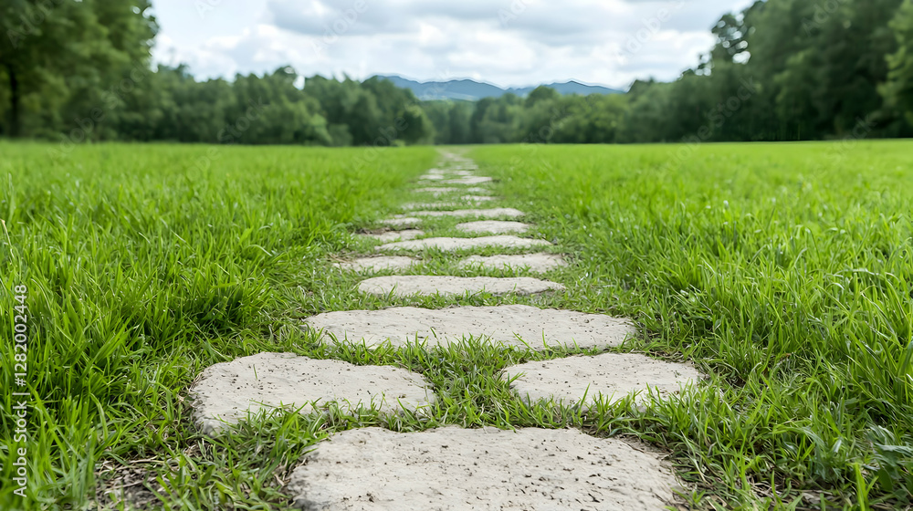 Stone path through green field, mountains in distance, peaceful scene, nature backdrop Stone path through green field, mountains in distance, peaceful scene, nature backdrop