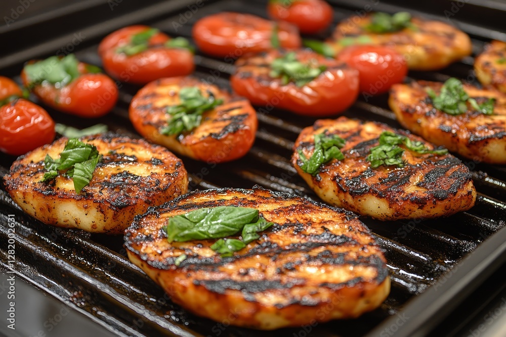 Grilled chicken and tomatoes garnished with fresh basil on a barbecue grill in a backyard setting Grilled chicken and tomatoes garnished with fresh basil on a barbecue grill in a backyard setting