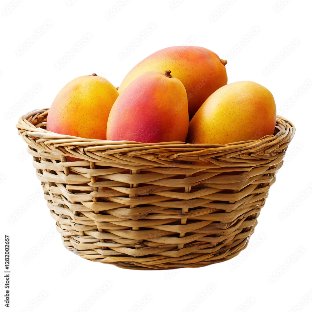Ripe mango in woven basket isolated on transparent background Ripe mango in woven basket isolated on transparent background