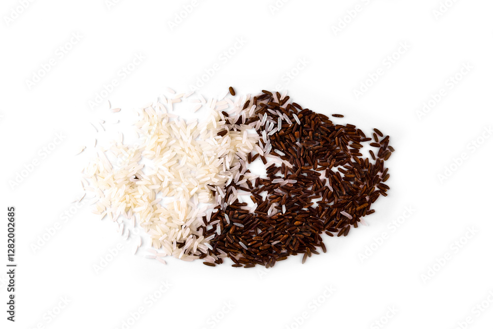 Fototapeta premium A mixture of white and brown rice, scattered grains on a white background.