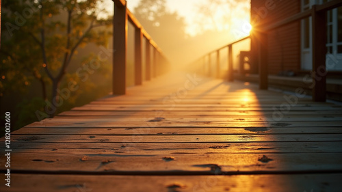 Early morning light illuminating the wooden deck