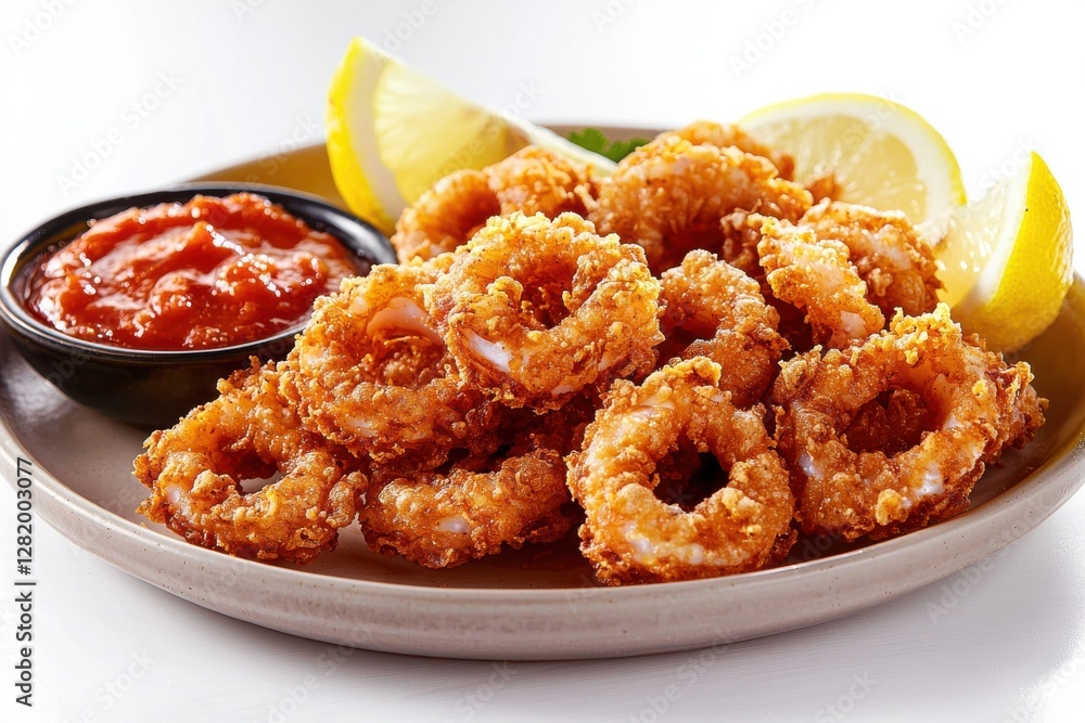 A tantalizing appetizer featuring crispy fried calamari rings, accompanied by fresh lemon wedges and a vibrant dipping sauce, elegantly served on a speckled plate for sharing. A tantalizing appetizer featuring crispy fried calamari rings, accompanied by fresh lemon wedges and a vibrant dipping sauce, elegantly served on a speckled plate for sharing.