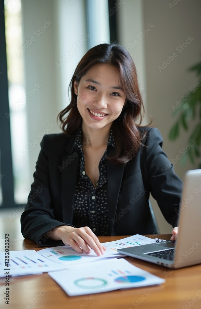 Asian Businesswoman working on laptop. Woman analyzes accounting report data at office. Graphs, charts, financial documents on table. Business analytics, investment strategy, office lifestyle concept. Asian Businesswoman working on laptop. Woman analyzes accounting report data at office. Graphs, charts, financial documents on table. Business analytics, investment strategy, office lifestyle concept.