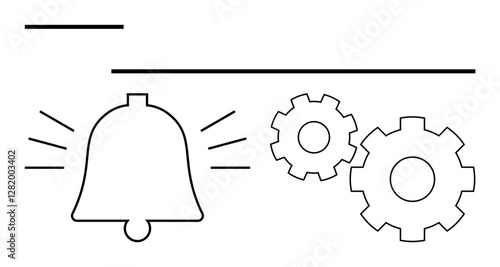 Notification alert bell with rays and two cogwheels representing settings or configuration process. Ideal for notifications, settings, alerts, configurations, updates, processes, and system