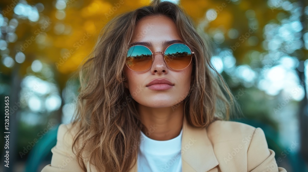 This serene image features a woman with reflective sunglasses, posed against a background of warm autumn foliage, conveying a mood of contemplation and beauty in nature. This serene image features a woman with reflective sunglasses, posed against a background of warm autumn foliage, conveying a mood of contemplation and beauty in nature.