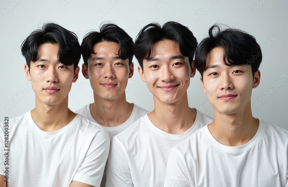 Group of four young Korean men with clean fresh skin. People in white t-shirts on studio background. Face care, facial treatment concept. Asian male models demonstrate skincare. Group of four young Korean men with clean fresh skin. People in white t-shirts on studio background. Face care, facial treatment concept. Asian male models demonstrate skincare.