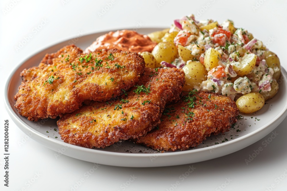 Classic Wiener Schnitzel with a side of creamy potato salad and pepper sauce, a culinary favorite, garnished with fresh parsley on a gray plate, close-up. Classic Wiener Schnitzel with a side of creamy potato salad and pepper sauce, a culinary favorite, garnished with fresh parsley on a gray plate, close-up.