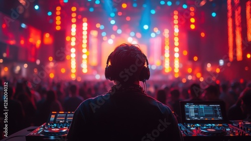A DJ skillfully mixes tracks at a crowded electronic dance music event, surrounded by colorful lights and an energetic audience dancing and enjoying the music