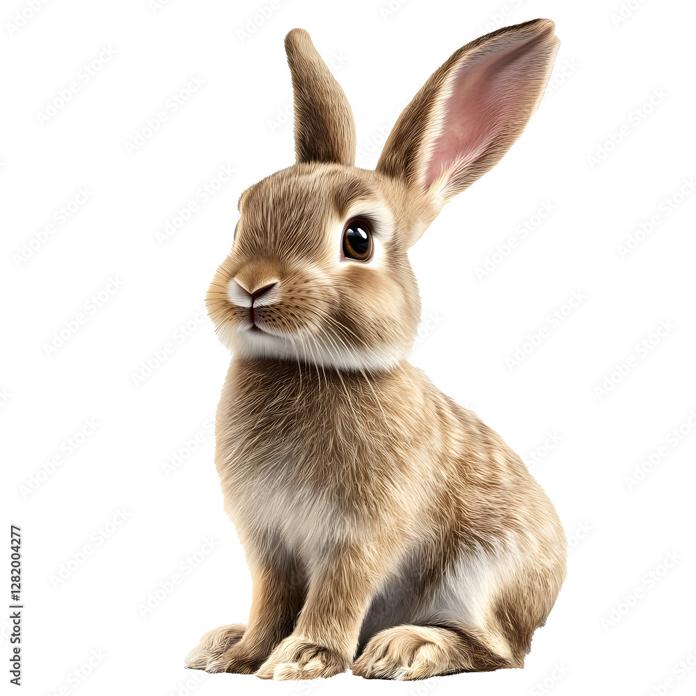 Obraz premium Adorable bunny sitting upright, looking forward with sweet expression against a clean white background.