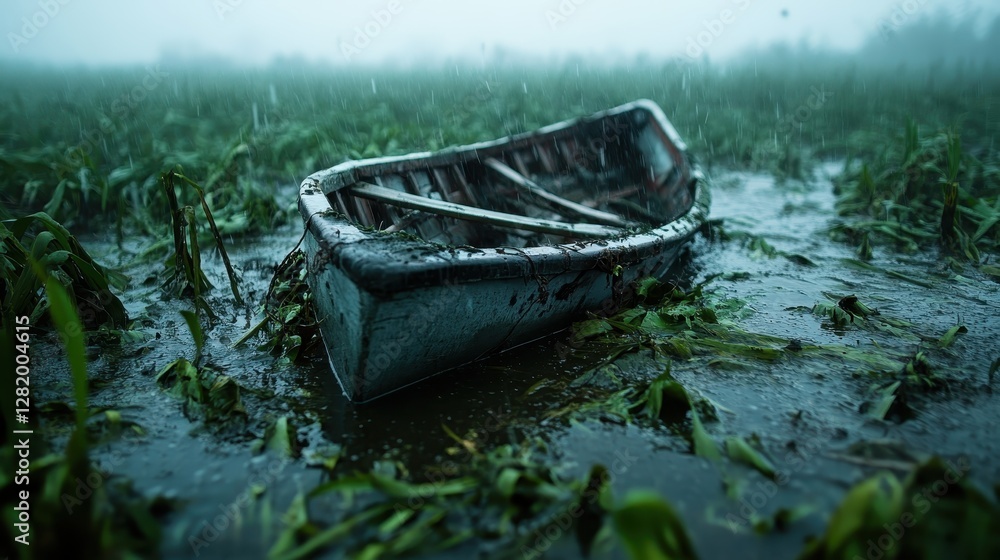 A solitary boat abandoned in a flooded cornfield, illustrating the impact of weather on agriculture and evoking thoughts of change and environmental conditions. A solitary boat abandoned in a flooded cornfield, illustrating the impact of weather on agriculture and evoking thoughts of change and environmental conditions.