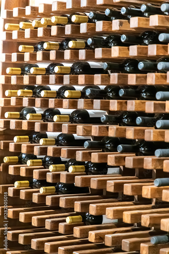 Many red and white wine bottles stacked on wooden racks