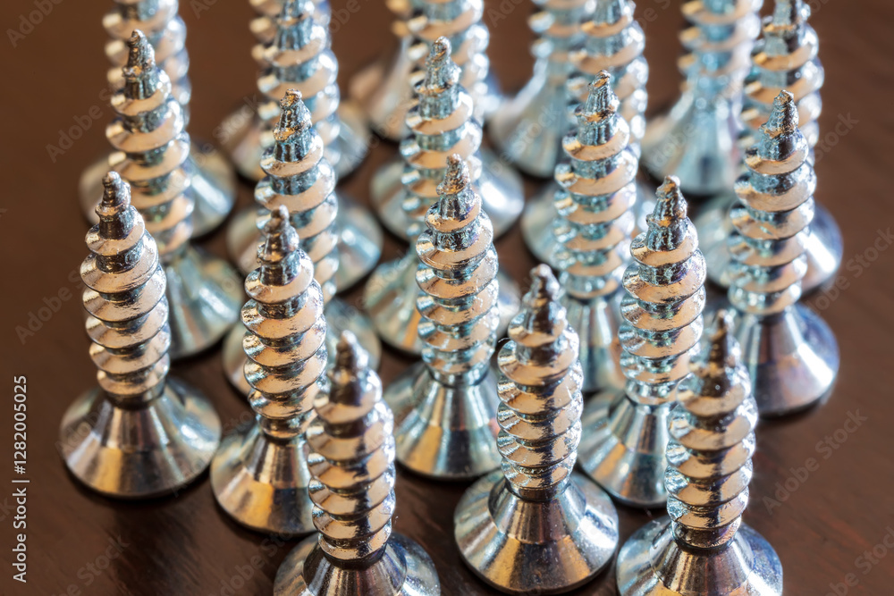 Close up of screws on a table. Advertising photo