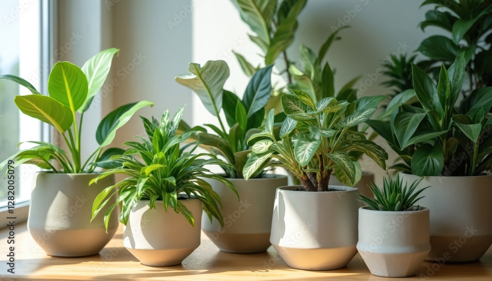 Obraz premium Indoor houseplants in pots near window, home decor. Collection of various green plants for modern interior design, domestic life, home gardening hobby. Diverse houseplants add freshness to apartment.