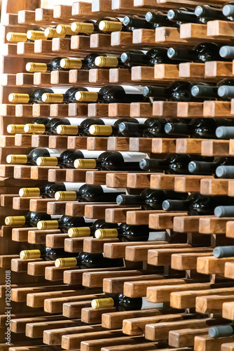 Obraz na płótnie Many red and white wine bottles stacked on wooden racks w salonie