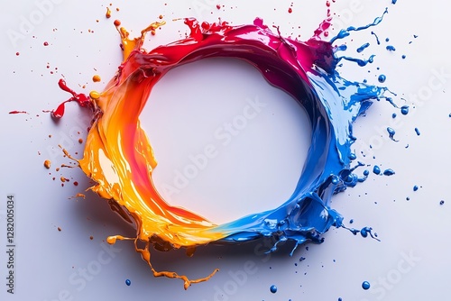 Colorful Paint Splashes Forming Abstract Circle on White Background for Creative Projects photo