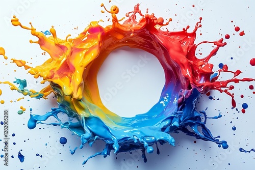 Colorful Paint Splashes Forming Abstract Circle on White Background for Creative Projects photo